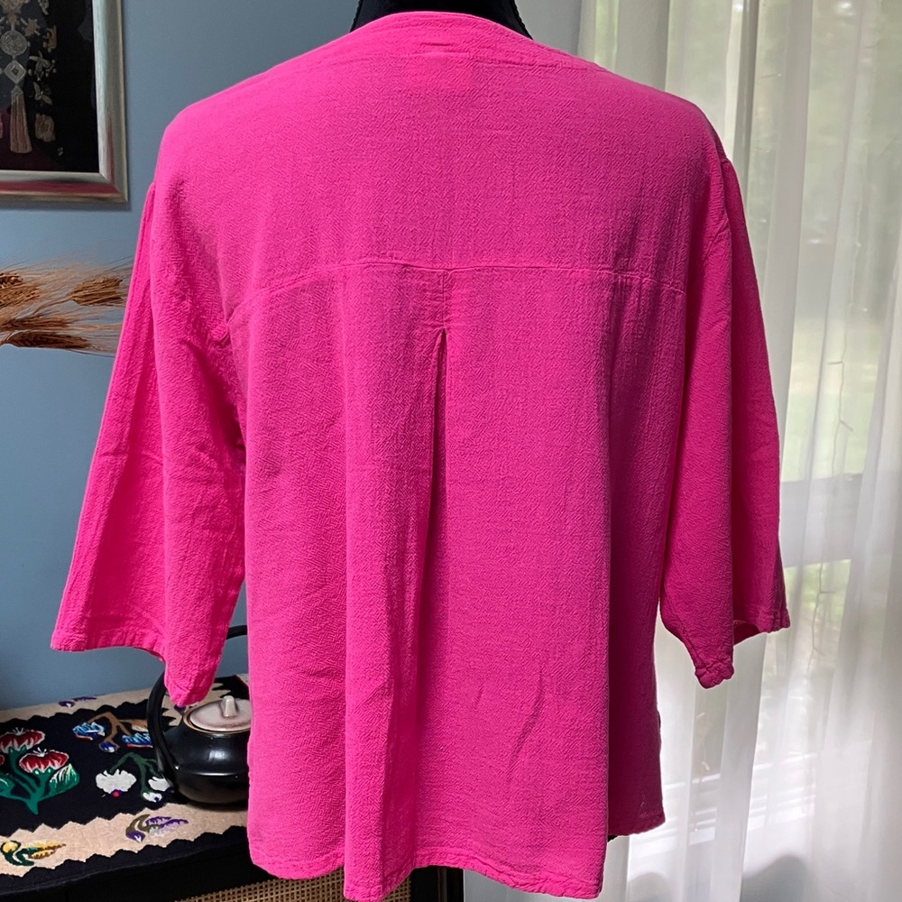 Oh My Gauze! Fuchsia M Button Down Shirt 3/4 Sleeve Vneck SideSlits Relaxed Fit - Picture 14 of 16